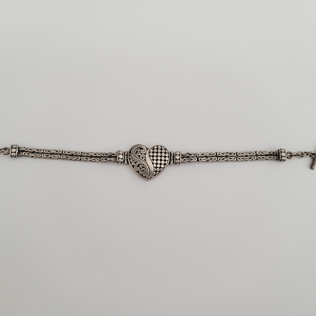 Sterling Silver Ati Heart Scroll Byzantine Double Link Chain Toggle Bracelet 155$